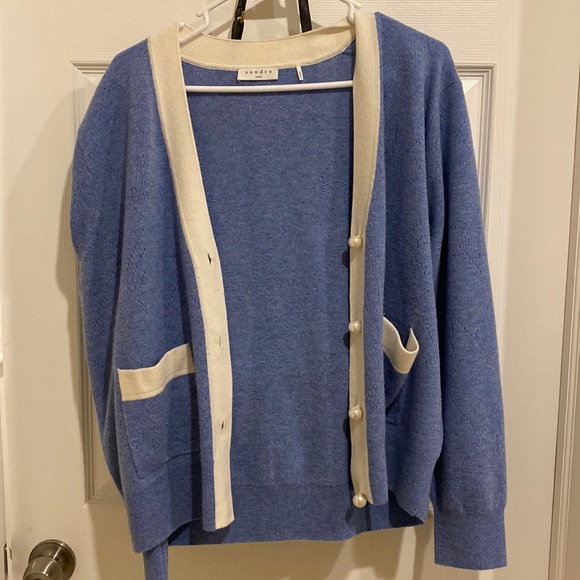Sandro Cashmere Lucas Pointelle Stitch Light Blue White Cardigan w/Pearl Buttons - Picture 4 of 11